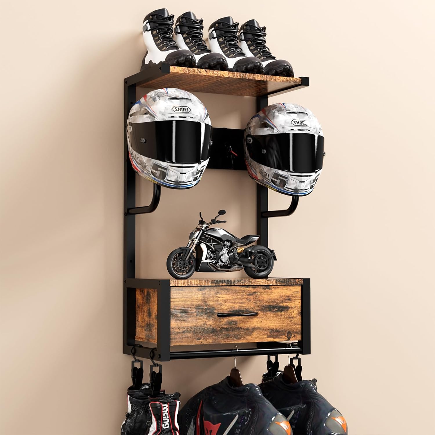 Cycling Gear Wall Organizer - Motorradhelmhalter, wandmontierter Ständer mit 4 Handschuhhaltern